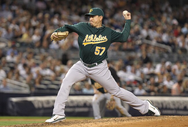 NEW YORK, NY - AUGUST 24:  Brian Fuentes #57 of the Oakland Athletics on August 24, 2011 at Yankee Stadium in the Bronx borough of New York City.  (Photo by Nick Laham/Getty Images)