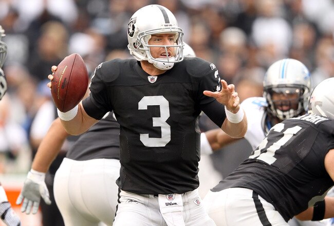 OAKLAND, CA - DECEMBER 18:  Carson Palmer #3 of the Oakland Raiders in action against the Detroit Lions at O.co Coliseum on December 18, 2011 in Oakland, California.  (Photo by Ezra Shaw/Getty Images)