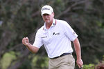 KAPALUA, HI - JANUARY 09:  Steve Stricker reacts to winning the Hyundai Tournament of Champions at the Plantation Course on January 9, 2012 in Kapalua, Hawaii.  (Photo by Sam Greenwood/Getty Images)