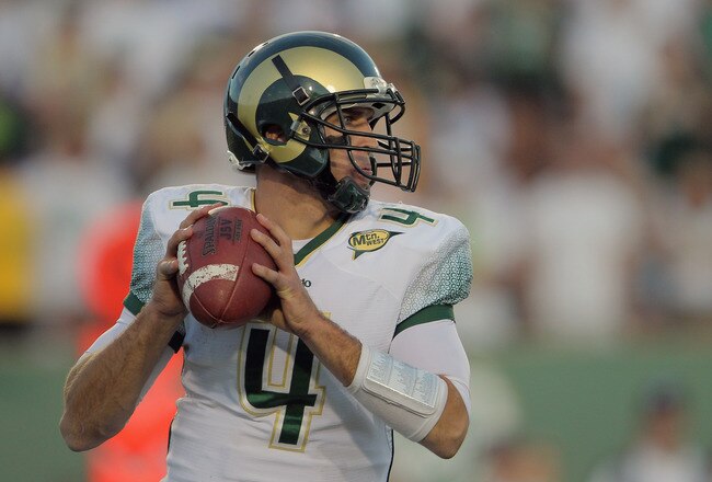 FORT COLLINS, CO - OCTOBER 15:  Quarterback Pete Thomas #4 of the Colorado State Rams delivers a pass against the Boise State Broncos at Sonny Lubick Field at Hughes Stadium on October 15, 2011 in Fort Collins, Colorado. The Broncos defeated the Rams 63-13.  (Photo by Doug Pensinger/Getty Images)