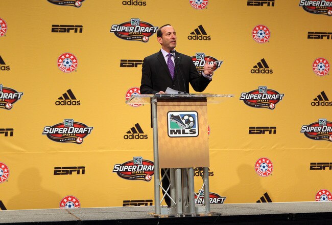 BALTIMORE, MD - JANUARY 13: MLS Commissioner Don Garber speaks from the podium during the 2011 MLS SuperDraft on January 13, 2011 at the Baltimore Convention Center in Baltimore, Maryland. (Photo by Ned Dishman/Getty Images)