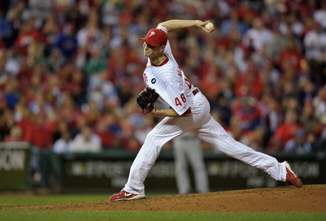 PHILADELPHIA, PA - OCTOBER 07:  Ryan Madson #46 of the Philadelphia Phillies throws a pitch against the St. Louis Cardinals during Game Five of the National League Divisional Series at Citizens Bank Park on October 7, 2011 in Philadelphia, Pennsylvania.  (Photo by Drew Hallowell/Getty Images)