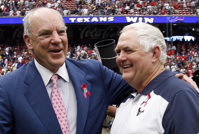 HOUSTON - OCTOBER 02:  Houston Texans owner Bob McNair, left, shakes hands with defensive co-ordinator Wade Phillips after defeating the Pittsburgh Steelers 17-10 at Reliant Stadium on October 2, 2011 in Houston, Texas.  (Photo by Bob Levey/Getty Images)
