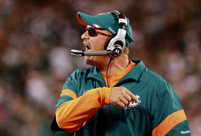 EAST RUTHERFORD, NJ - OCTOBER 17: Tony Sparano, head coach of the Miami Dolphins, reacts during the first quarter against the New York Jets at MetLife Stadium on October 17, 2011 in East Rutherford, New Jersey.  (Photo by Nick Laham/Getty Images)