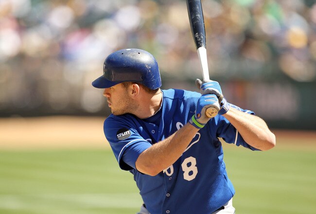 OAKLAND, CA - SEPTEMBER 05:  Mike Moustakas #8 of the Kansas City Royals bats against the Oakland Athletics at O.co Coliseum on September 5, 2011 in Oakland, California.  (Photo by Ezra Shaw/Getty Images)
