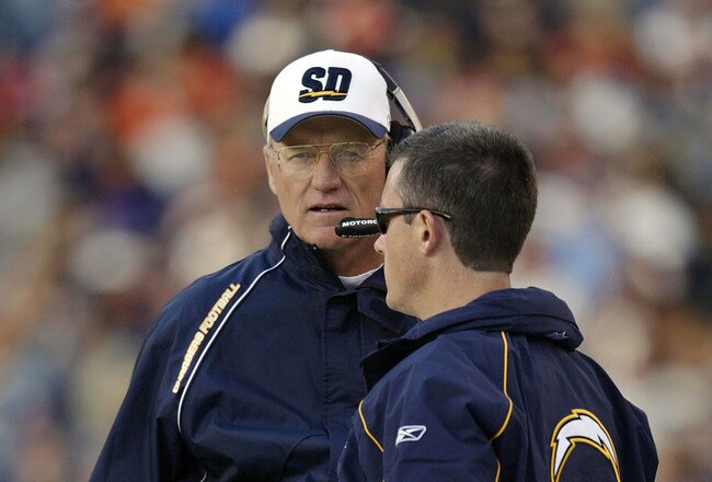 DENVER - NOVEMBER 16:  Head coach Marty Schottenheimer of the San Diego Chargers talks with his staff during a game against the Denver Broncos in the second quarter November 16, 2003 at Invesco Field at Mile High in Denver, Colorado.  The Broncos won 37-8.  (Photo by Brian Bahr/Getty Images)
