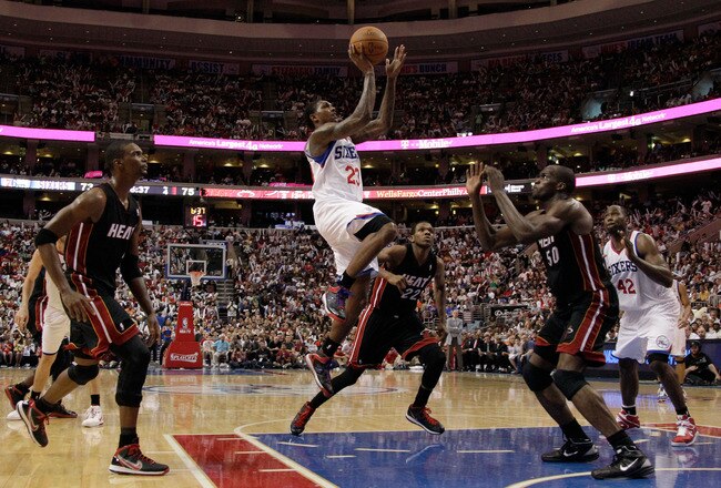 PHILADELPHIA, PA - APRIL 24: Lou Williams #23 of the Philadelphia 76ers puts up a shot in front of Joel Anthony #50 of the Miami Heat during the second half in Game Four of the Eastern Conference Quarterfinals in the 2011 NBA Playoffs at Wells Fargo Center on April 24, 2011 in Philadelphia, Pennsylvania. NOTE TO USER: User expressly acknowledges and agrees that, by downloading and/or using this Photograph, User is consenting to the terms and conditions of the Getty Images License Agreement.  (Photo by Rob Carr/Getty Images)