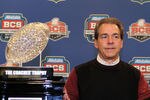 NEW ORLEANS, LA - JANUARY 10:  Head coach Nick Saban of the Alabama Crimson Tide stands next to The Coaches' Trophy which signifies the national champion after defeating Louisiana State University Tigers in the 2012 Allstate BCS National Championship Game during a press conference on January 10, 2012 in New Orleans, Louisiana.  (Photo by Andy Lyons/Getty Images)