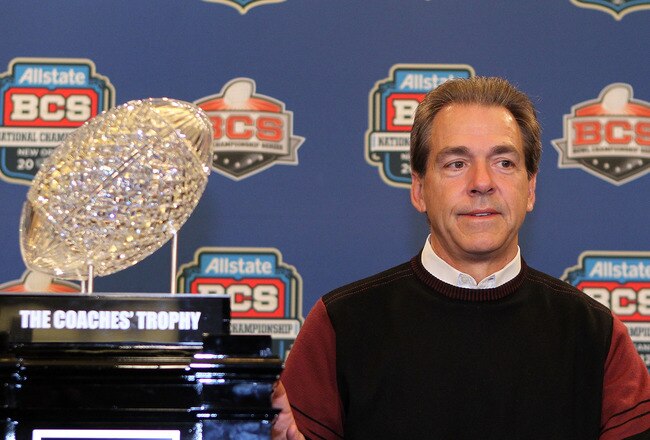 NEW ORLEANS, LA - JANUARY 10:  Head coach Nick Saban of the Alabama Crimson Tide stands next to The Coaches' Trophy which signifies the national champion after defeating Louisiana State University Tigers in the 2012 Allstate BCS National Championship Game during a press conference on January 10, 2012 in New Orleans, Louisiana.  (Photo by Andy Lyons/Getty Images)