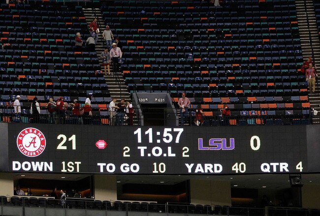 NEW ORLEANS, LA - JANUARY 09:  The final scoreboard is seen after the 2012 Allstate BCS National Championship Game at Mercedes-Benz Superdome on January 9, 2012 in New Orleans, Louisiana.  (Photo by Kevin C. Cox/Getty Images)