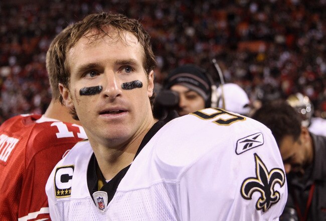 SAN FRANCISCO - SEPTEMBER 20:  Drew Brees #9 of the New Orleans Saints in action during their game against the San Francisco 49ers at Candlestick Park on September 20, 2010 in San Francisco, California.  (Photo by Ezra Shaw/Getty Images)