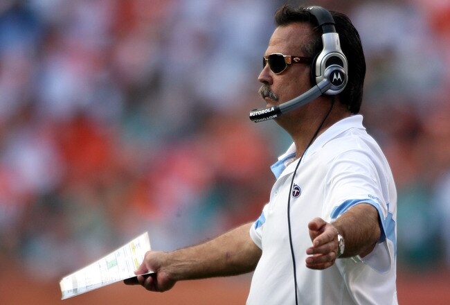 MIAMI - NOVEMBER 14:  Coach Jeff Fisher of the Tennessee Titans shouts against the Miami Dolphins at Sun Life Stadium on November 14, 2010 in Miami, Florida.  (Photo by Marc Serota/Getty Images)