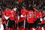 OTTAWA, CANADA - JANUARY 8: Members of the Ottawa Senators celebrate their 6-4 come from behind win against the Philadelphia Flyers at Scotiabank Place on January 8, 2012 in Ottawa, Ontario, Canada.  (Photo by Francois Laplante/Freestyle Photography/Getty Images)