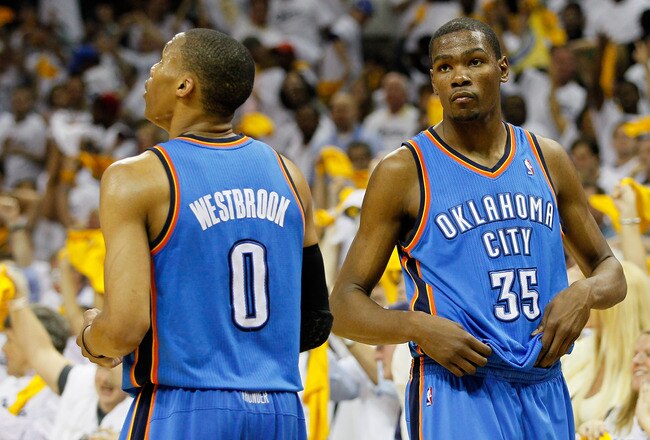 MEMPHIS, TN - MAY 13:  Russell Westbrook #0 and Kevin Durant #35 of the Oklahoma City Thunder react after their 95-83 loss to the Memphis Grizzlies in Game Six of the Western Conference Semifinals in the 2011 NBA Playoffs at FedExForum on May 13, 2011 in Memphis, Tennessee.  NOTE TO USER: User expressly acknowledges and agrees that, by downloading and/or using this photograph, User is consenting to the terms and conditions of the Getty Images License Agreement.  (Photo by Kevin C. Cox/Getty Images)