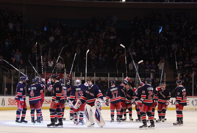 NEW YORK, NY - NOVEMBER 06: The New York Rangers celebrate their 3-0 win over the Winnipeg Jets at Madison Square Garden on November 6, 2011 in New York City.  (Photo by Bruce Bennett/Getty Images)