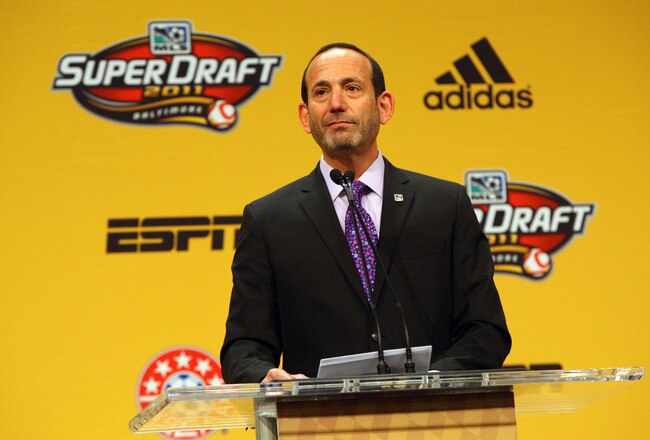 BALTIMORE, MD - JANUARY 13: MLS Commissioner Don Garber speaks from the podium during the 2011 MLS SuperDraft on January 13, 2011 at the Baltimore Convention Center in Baltimore, Maryland. (Photo by Ned Dishman/Getty Images)