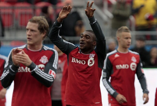 TORONTO, CANADA - OCTOBER 22: Ashtone Morgan #5 of Toronto FC waves to the fans after MLS action against New England Revolution at BMO Field October 22, 2011 in Toronto, Ontario, Canada. The game was tied 2-2. (Photo by Abelimages/Getty Images)