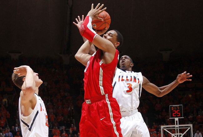 CHAMPAIGN, IL - JANUARY 10: Brandon Paul #3 of the Illinois Fighting Illini blocks a shot by Jared Sullinger #0 of the Ohio State Buckeyes at Assembly Hall on January 10, 2012 in Champaign, Illinois. The Illini defeated the Buckeyes 79-74 as Paul scored 43 points. (Photo by Joe Robbins/Getty Images)