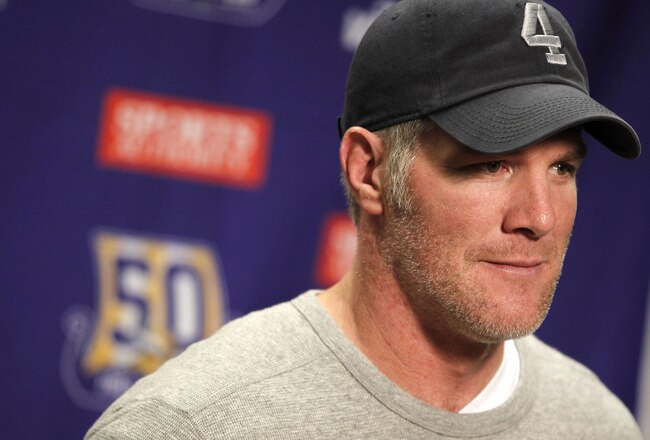 DETROIT, MI - JANUARY 02:  Brett Favre #4 of the Minnesota Vikings talks at a post game press conference after a 13-20 loss to the Detroit Lions at Ford Field on January 2, 2011 in Detroit, Michigan.  (Photo by Gregory Shamus/Getty Images)