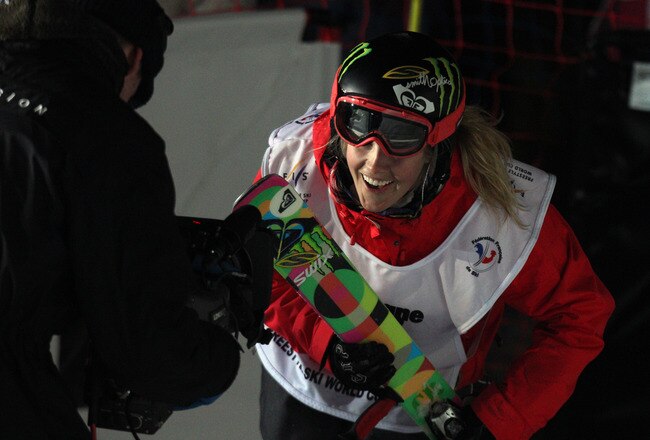 LA PLAGNE, FRANCE - MARCH 20: (FRANCE OUT) Sarah Burke of Canada takes 1st place during the FIS Freestyle World Cup Men's and Women's Halfpipe on March 20, 2011 in La Plagne, France.  (Photo by Christophe Pallot/Agence Zoom/Getty Images)