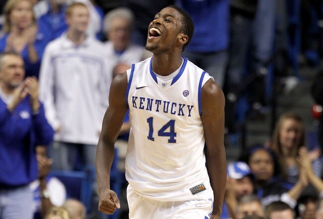 LEXINGTON, KY - DECEMBER 31:  Michael Kidd-Gilchrist #14 of the Kentucky Wildcats  celebrates during 69-62 win over the Louisville Cardinals at Rupp Arena on December 31, 2011 in Lexington, Kentucky.  (Photo by Andy Lyons/Getty Images)