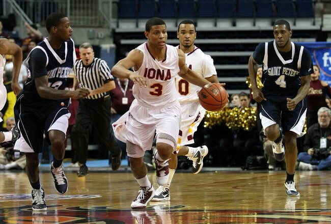 BRIDGEPORT, CT - MARCH 07:  Scott Machado #3 of the Iona Gaels pushes the ball up court against the St. Peter's Peacocks during the final of the MAAC men's conference basketball tournment at Webster Bank Arena at Harbor Yard on March 7, 2011 in Bridgeport, Connecticut.  (Photo by Chris Chambers/Getty Images)