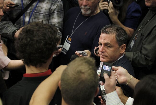 CLEVELAND - OCTOBER 27:  Majority owner Dan Gilbert of the Cleveland Cavaliers talks to the media prior to playing the Boston Celtics in the Cavaliers 2010 home opner at Quicken Loans Arena on October 27, 2010 in Cleveland, Ohio.  NOTE TO USER: User expressly acknowledges and agrees that, by downloading and/or using this Photograph, user is consenting to the terms and conditions of the Getty Images License Agreement. Mandatory Copyright Notice: Copyright 2010 NBAE (Photo by Gregory Shamus/Getty Images)