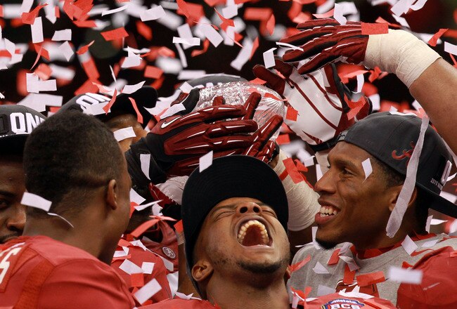 NEW ORLEANS, LA - JANUARY 09:  Marquis Maze #4 of the Alabama Crimson Tide after defeating Louisiana State University Tigers in the 2012 Allstate BCS National Championship Game at Mercedes-Benz Superdome on January 9, 2012 in New Orleans, Louisiana. Alabama  won the game by a score of 21-0.  (Photo by Ronald Martinez/Getty Images)
