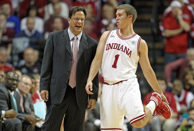 BLOOMINGTON, IN - DECEMBER 10:  Tom Crean the head coach of the Indiana Hoosiers gives instructions to  #1 as Indiana beat the Kentucky Wildcats 73-72 in the game at Assembly Hall on December 10, 2011 in Bloomington, Indiana.  (Photo by Andy Lyons/Getty Images)