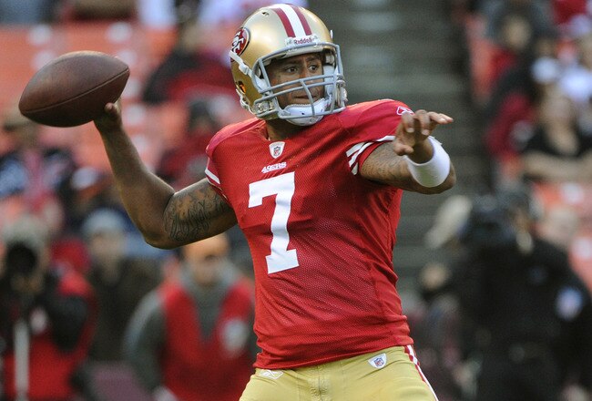 SAN FRANCISCO - AUGUST 27: Colin Kaepernick #7 of the San Francisco 49ers drops back to pass against the Houston Texans during an NFL pre-season football game at Candlestick Park August 27, 2011 in San Francisco, California. The Texans won the game 30-7.  (Photo by Thearon W. Henderson/Getty Images)