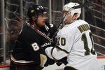 ANAHEIM, CA - JANUARY 10: Teemu Selanne #8 of the Anaheim Ducks and Brenden Morrow #10 of the Dallas Stars battle during the third period at the Honda Center on January 10, 2012 in Anaheim, California.  The Ducks defeated the Stars 5-2. (Photo by Bruce Bennett/Getty Images)