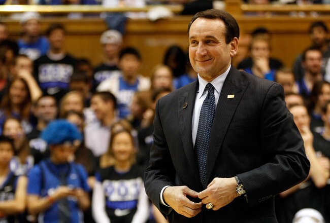 DURHAM, NC - NOVEMBER 18:  Head coach Mike Krzyzewski of the Duke Blue Devils speaks to the crowd as he is acknowledged for breaking the record for wins in NCAA men's basketball at Cameron Indoor Stadium on November 18, 2011 in Durham, North Carolina.  (Photo by Streeter Lecka/Getty Images)
