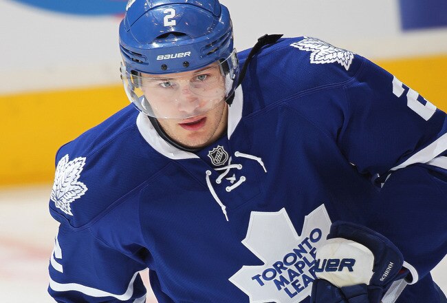 TORONTO, CANADA - JANUARY 05:  Luke Schenn #2 of the Toronto Maple Leafs skates in the warm-up prior to a game against the Winnipeg Jets on January 5, 2012 at the Air Canada Centre in Toronto, Canada. The Leafs defeated the Jets 4-0. (Photo by Claus Andersen/Getty Images)