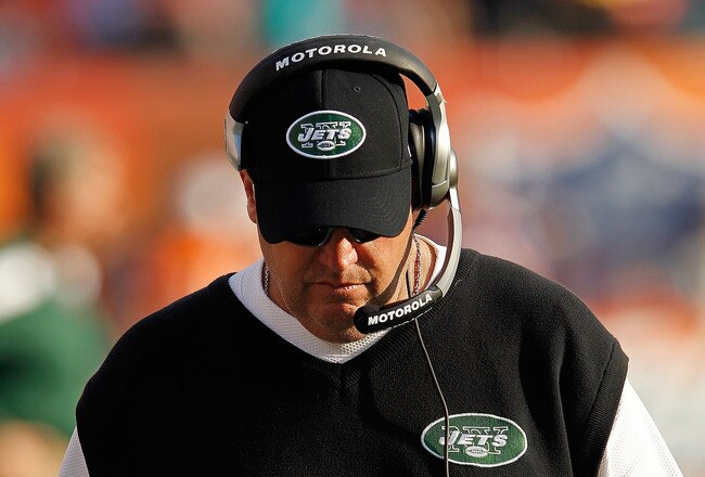 MIAMI GARDENS, FL - JANUARY 01:  New York Jets head coach Rex Ryan looks on during a game against the Miami Dolphins at Sun Life Stadium on January 1, 2012 in Miami Gardens, Florida.  (Photo by Mike Ehrmann/Getty Images)