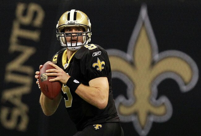 NEW ORLEANS, LA - NOVEMBER 28:  Drew Brees #9 of the New Orleans Saints at Mercedes-Benz Superdome on November 28, 2011 in New Orleans, Louisiana.  (Photo by Ronald Martinez/Getty Images)
