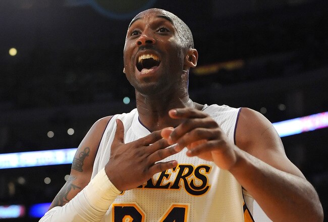 LOS ANGELES, CA - DECEMBER 25:  Kobe Bryant #24 of the Los Angeles Lakers reacts during the game against the Chicago Bulls at Staples Center on December 25, 2011 in Los Angeles, California.  NOTE TO USER: User expressly acknowledges and agrees that, by downloading and or using this photograph, User is consenting to the terms and conditions of the Getty Images License Agreement.  (Photo by Lisa Blumenfeld/Getty Images)
