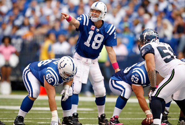INDIANAPOLIS - OCTOBER 04:  Peyton Manning #18 of the Indianapolis Colts is pictured during the NFL game against the Seattle Seahawks at Lucas Oil Stadium on October 4, 2009 in Indianapolis, Indiana. The Colts won 34-17.  (Photo by Andy Lyons/Getty Images)