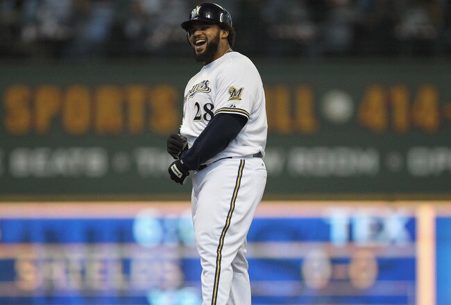 MILWAUKEE, WI - OCTOBER 01: Prince Fielder #28 of the Milwaukee Brewers smiles as he stands on second base after hitting a double against the Arizona Diamondbacks during Game One of the National League Division Series at Miller Park on October 1, 2011 in Milwaukee, Wisconsin. (Photo by Jonathan Daniel/Getty Images)