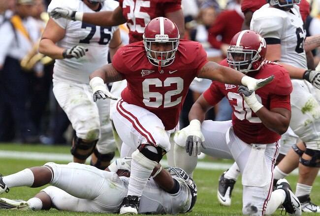 TUSCALOOSA, AL - NOVEMBER 19:  Defensive lineman Brandon Ivory #62 of the Alabama Crimson Tide celebrates after a tackle during the game against the Georgia Southern Eagles at Bryant-Denny Stadium on November 19, 2011 in Tuscaloosa, Alabama.  (Photo by Mike Zarrilli/Getty Images)