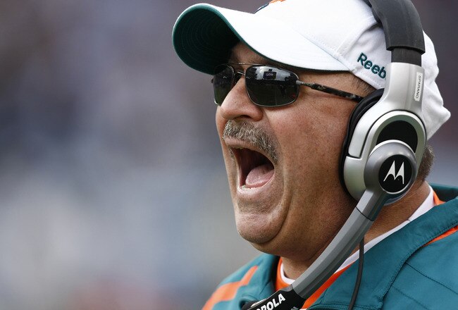 NASHVILLE, TN - DECEMBER 20: Head coach Tony Sparano of the Miami Dolphins looks on against the Tennessee Titans at LP Field on December 20, 2009 in Nashville, Tennessee. The Titans defeated the Dolphins 27-24 in overtime. (Photo by Joe Robbins/Getty Images)