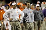 COLLEGE PARK, MD - OCTOBER 15: Defensive coordinator Kevin Steele (L) and head coach Dabo Swinney of the Clemson Tigers look on after the Maryland Terrapins scored during the first half at Byrd Stadium on October 15, 2011 in College Park, Maryland.  (Photo by Rob Carr/Getty Images)