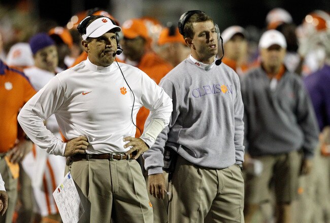 COLLEGE PARK, MD - OCTOBER 15: Defensive coordinator Kevin Steele (L) and head coach Dabo Swinney of the Clemson Tigers look on after the Maryland Terrapins scored during the first half at Byrd Stadium on October 15, 2011 in College Park, Maryland.  (Photo by Rob Carr/Getty Images)
