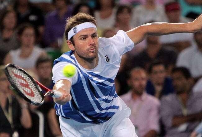 PERTH, AUSTRALIA - JANUARY 04:  Mardy Fish of the USA plays a shot in his match against Tomas Berdych of the Czech Republic during day five of the 2012 Hopman Cup at The Burswood Dome on January 4, 2012 in Perth, Australia.  (Photo by Will Russell/Getty Images)