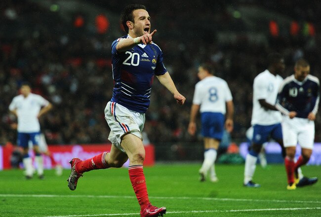 LONDON, ENGLAND - NOVEMBER 17:  Mathieu Valbuena of France celebrates as he scores their second goal during the international friendly match between England and France at Wembley Stadium on November 17, 2010 in London, England.  (Photo by Laurence Griffiths/Getty Images)