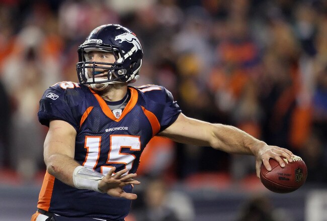 DENVER, CO - JANUARY 08:  Quarterback Tim Tebow #15 of the Denver Broncos drops back to pass during the AFC Wild Card Playoff game at Sports Authority Field against the Pittsburgh Steelers at Mile High on January 8, 2012 in Denver, Colorado.  (Photo by Jeff Gross/Getty Images)