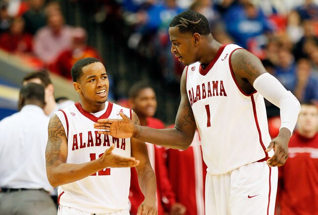 ATLANTA, GA - MARCH 11:  JaMychal Green #1 and Trevor Releford #12 of the Alabama Crimson Tide celebrate after drawing a foul during the quarterfinals of the SEC Men's Basketball Tournament at Georgia Dome on March 11, 2011 in Atlanta, Georgia.  (Photo by Kevin C. Cox/Getty Images)