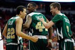 LAS VEGAS, NV - JANUARY 19:  Dorian Green #22, Greg Smith #44 and Wes Eikmeier #2 of the Colorado State Rams celebrate late in the team's 78-63 victory over the UNLV Rebels at the Thomas & Mack Center January 19, 2011 in Las Vegas, Nevada.  (Photo by Ethan Miller/Getty Images)