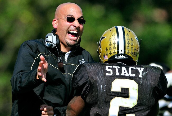 NASHVILLE, TN - OCTOBER 29:  Coach James Franklin and Zac Stacy #2 of the Vanderbilt Commodores celebrate after Stacy's touchdown against the Arkansas Razorbacks during play at Vanderbilt Stadium on October 29, 2011 in Nashville, Tennessee. Arkansas won 31-28.  (Photo by Grant Halverson/Getty Images)