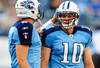 NASHVILLE, TN - AUGUST 13:  Matt Hasslbeck #8 of the Tennessee Titans offers encouragement to teammate Jake Locker #10 before a preseason game against the Minnesota Vikings at LP Field on August 13, 2011 in Nashville, Tennessee.  (Photo by Grant Halverson/Getty Images)