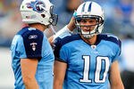 NASHVILLE, TN - AUGUST 13:  Matt Hasslbeck #8 of the Tennessee Titans offers encouragement to teammate Jake Locker #10 before a preseason game against the Minnesota Vikings at LP Field on August 13, 2011 in Nashville, Tennessee.  (Photo by Grant Halverson/Getty Images)